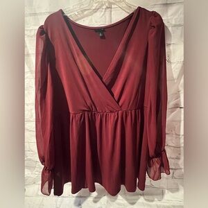 Torrid Burgundy Wrap Blouse + Mesh Sleeves